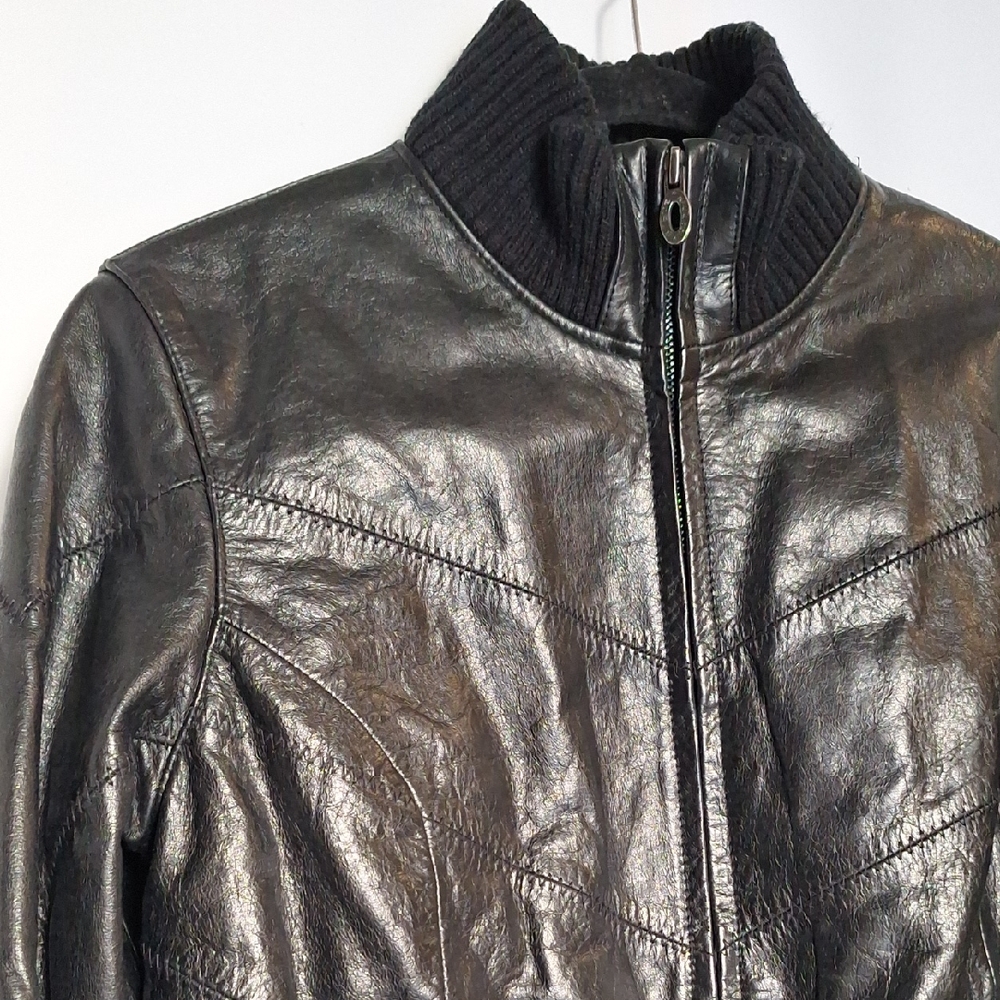 Steve Madden Black Leather Patchwork Bomber Y2K Jacket